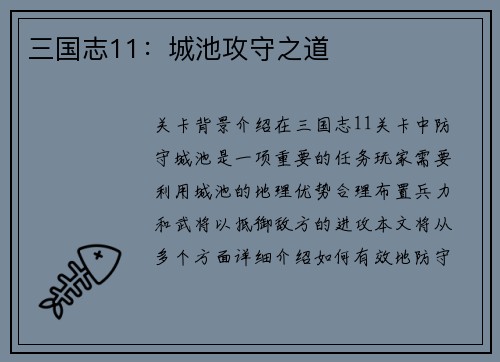 三国志11：城池攻守之道